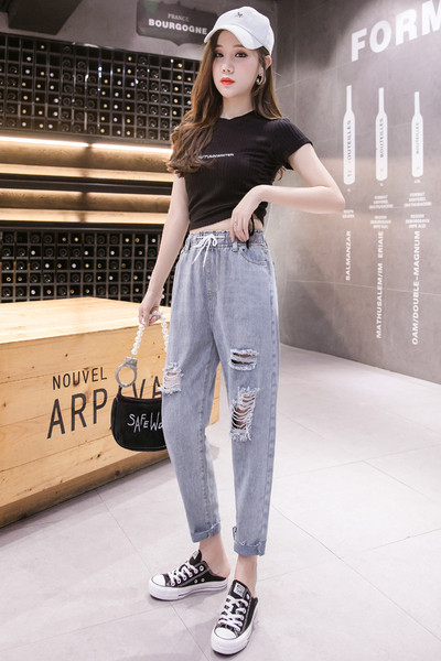 Blugi de dama cu talie inalta, motive rupte si cravate