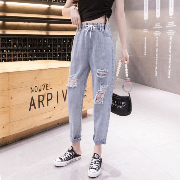 Blugi de dama cu talie inalta, motive rupte si cravate