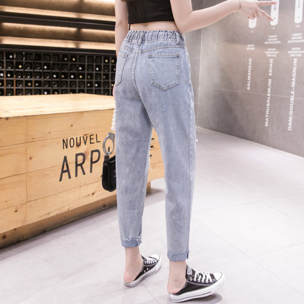 Blugi de dama cu talie inalta, motive rupte si cravate