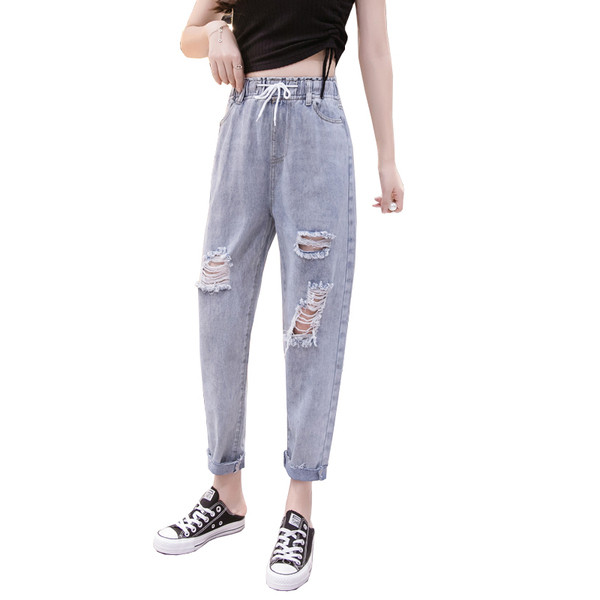 Blugi de dama cu talie inalta, motive rupte si cravate