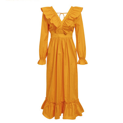 Rochie lungă de damă casual, cu decolteu adânc și mâneci lungi