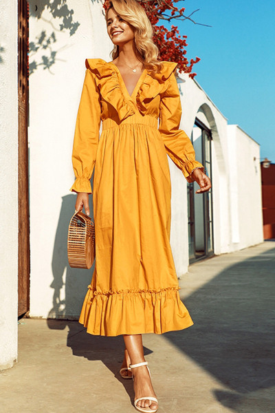 Rochie lungă de damă casual, cu decolteu adânc și mâneci lungi