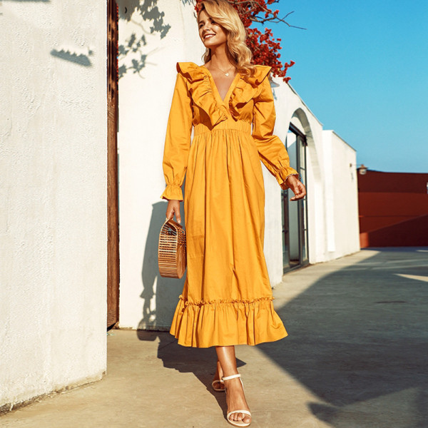 Rochie lungă de damă casual, cu decolteu adânc și mâneci lungi