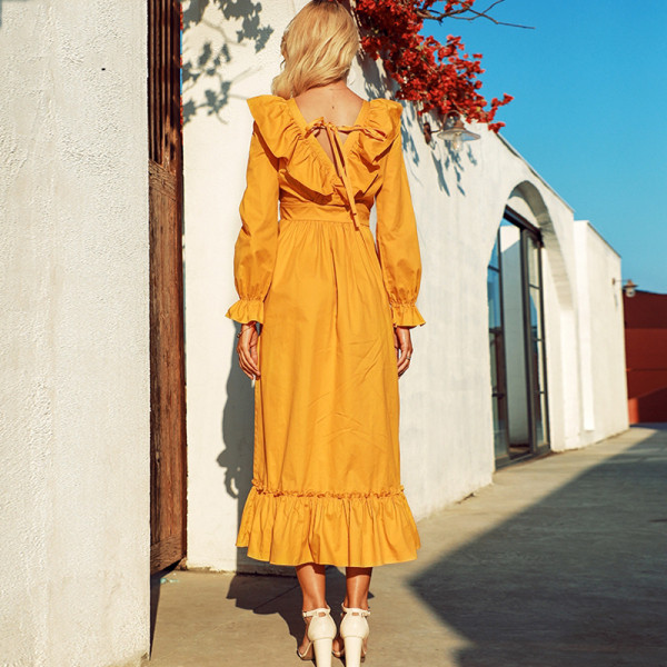 Rochie lungă de damă casual, cu decolteu adânc și mâneci lungi