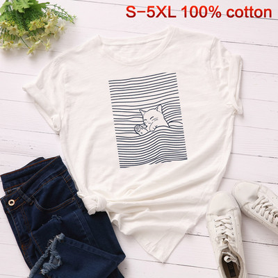 Naiste vabaaja t-särk kassipoegade aplikatsiooni ja lühikeste varrukatega