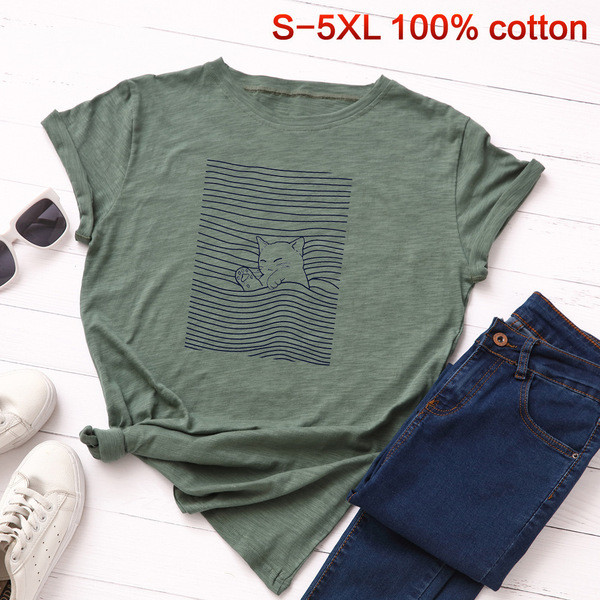 Naiste vabaaja t-särk kassipoegade aplikatsiooni ja lühikeste varrukatega