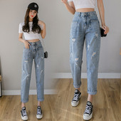 Mūsdienīgi sieviešu džinsi ar augstu vidukli un plēstiem elementiem