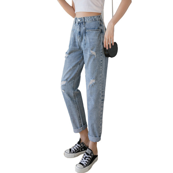 Mūsdienīgi sieviešu džinsi ar augstu vidukli un plēstiem elementiem