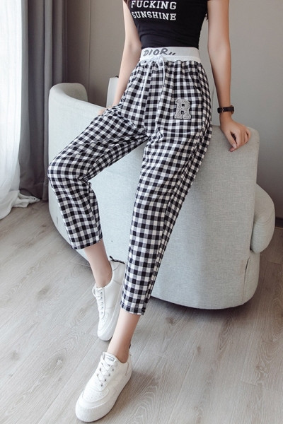 Ležerne ženske karirane hlače s visokim strukom
