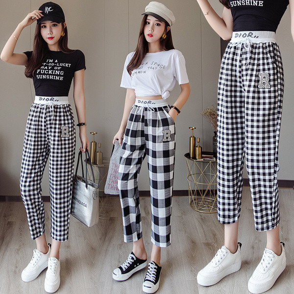 Ležerne ženske karirane hlače s visokim strukom