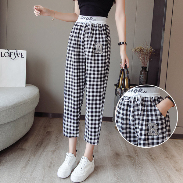 Ležerne ženske karirane hlače s visokim strukom