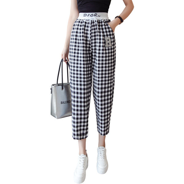 Ležerne ženske karirane hlače s visokim strukom