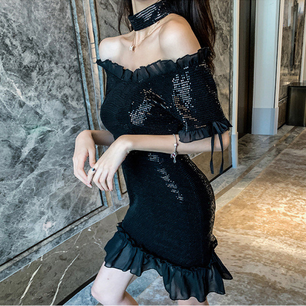 Rochie moderna de dama cu paiete si maneci scurte