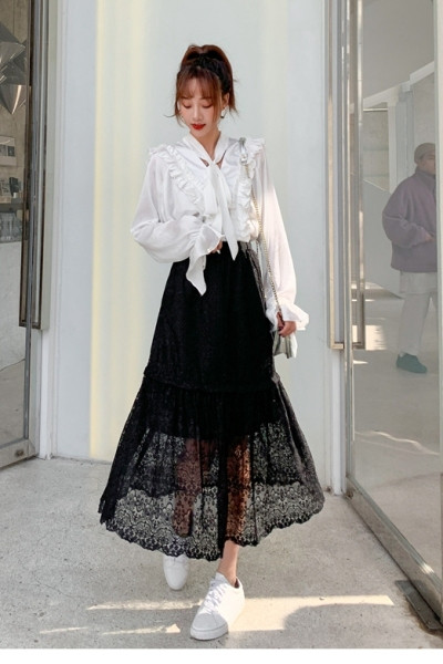 Novi model čipkane ženske suknje sa visokim strukom za proljeće i jesen