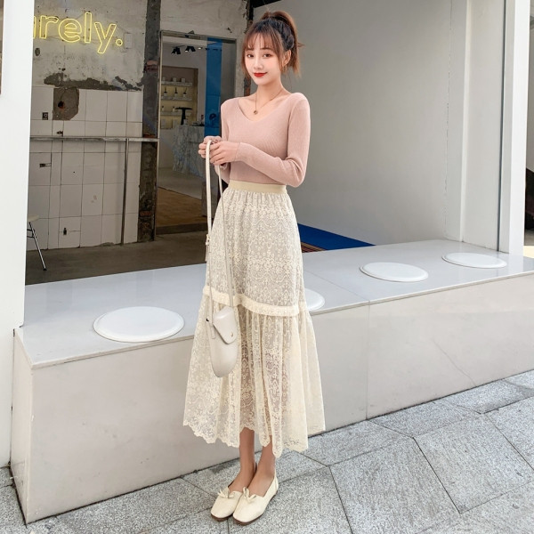 Novi model čipkane ženske suknje sa visokim strukom za proljeće i jesen