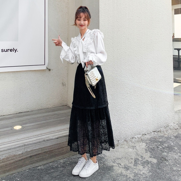 Novi model čipkane ženske suknje sa visokim strukom za proljeće i jesen