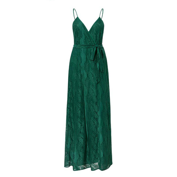 Rochie de dama eleganta lunga verde cu bretele subtiri si decolteu adanc