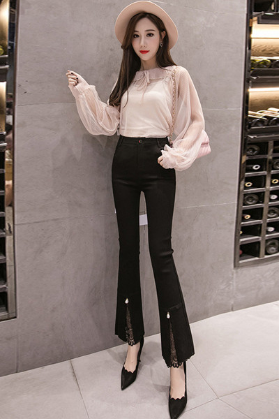 Moderne ženske hlače s čipkom, biserima i visokim strukom