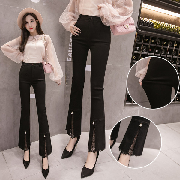 Moderne ženske hlače s čipkom, biserima i visokim strukom