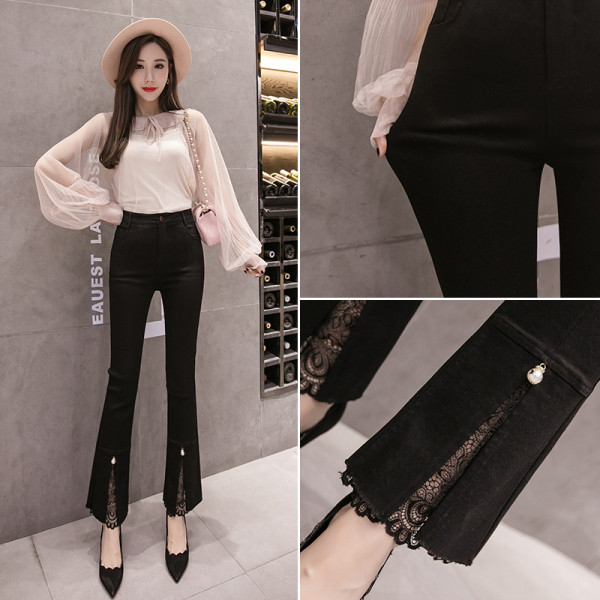 Moderne ženske hlače s čipkom, biserima i visokim strukom