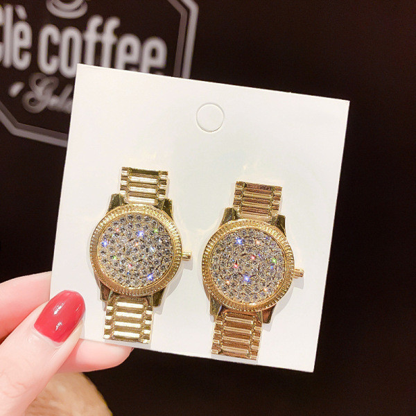 Auksiniai moteriški laikrodžio formos auskarai