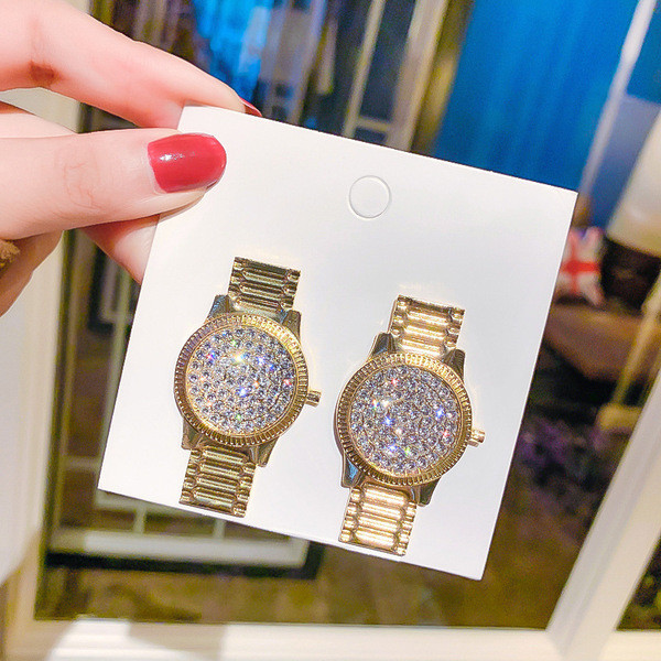 Auksiniai moteriški laikrodžio formos auskarai