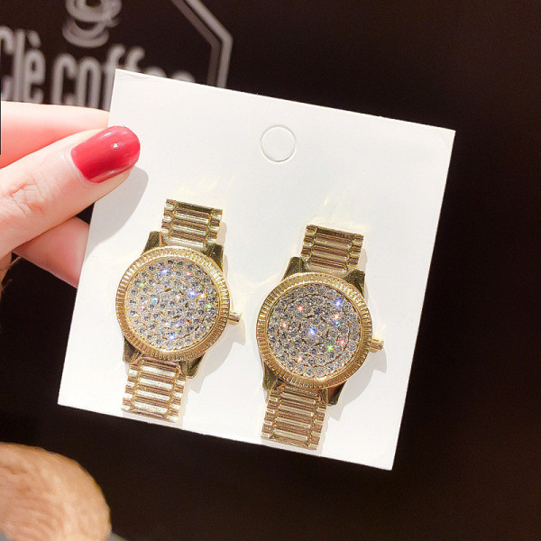 Auksiniai moteriški laikrodžio formos auskarai