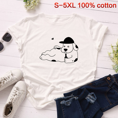 Tricou casual de damă cu aplicație de câine și mâneci scurte