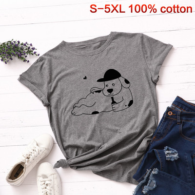 Tricou casual de damă cu aplicație de câine și mâneci scurte