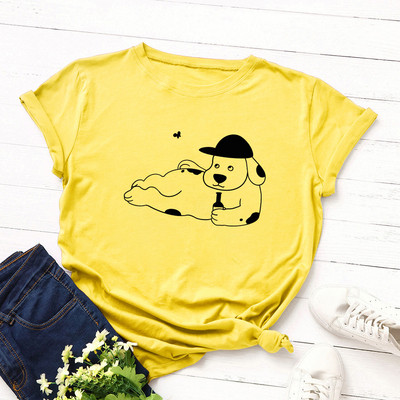 Tricou casual de damă cu aplicație de câine și mâneci scurte