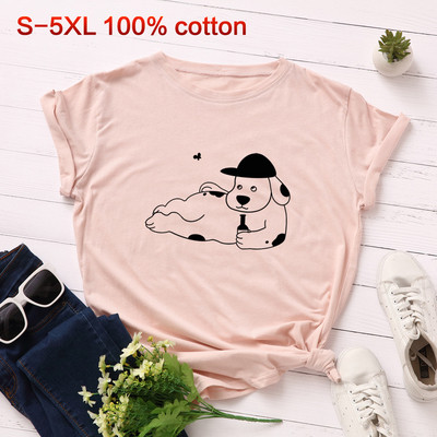 Tricou casual de damă cu aplicație de câine și mâneci scurte