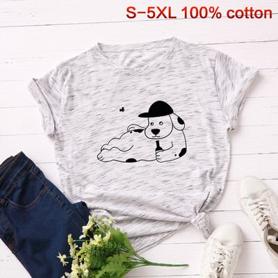 Tricou casual de damă cu aplicație de câine și mâneci scurte