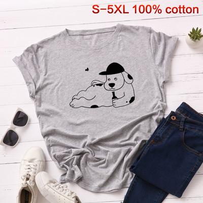 Tricou casual de damă cu aplicație de câine și mâneci scurte