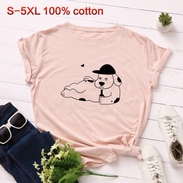 Tricou casual de damă cu aplicație de câine și mâneci scurte