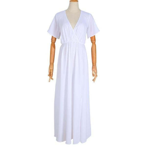 Laisvalaikio moteriška ilga suknelė plačiomis rankovėmis ir skeltuku