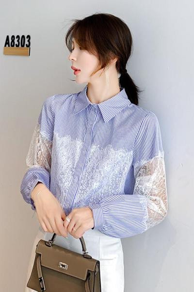 Novi model ženske bluze na pruge sa klasičnom kragnom i čipkom