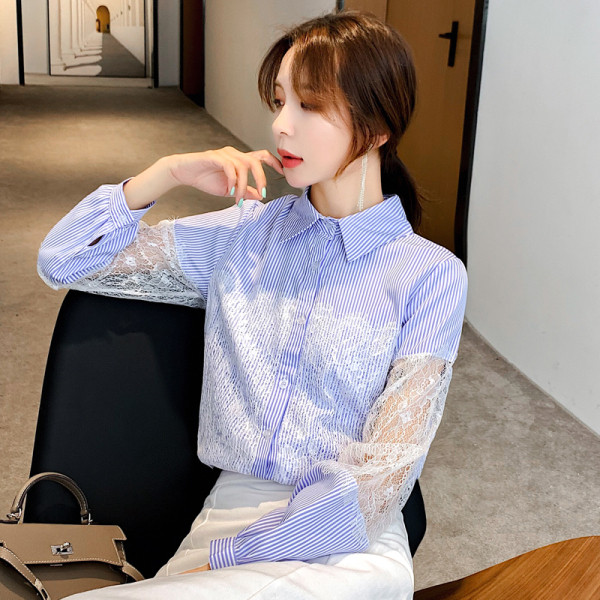 Novi model ženske bluze na pruge sa klasičnom kragnom i čipkom