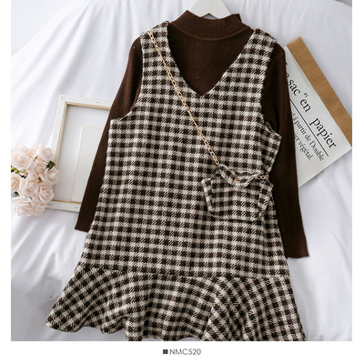 Retro sieviešu rūtainā kleita + maza somiņa ar metāla ķēdīti