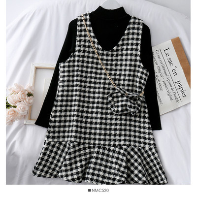 Retro sieviešu rūtainā kleita + maza somiņa ar metāla ķēdīti