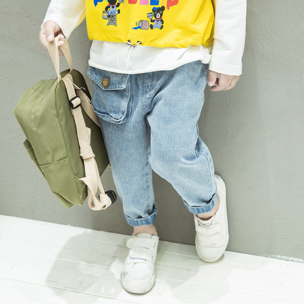 Pavasariniai vaikiški džinsai berniukams elastingu juosmeniu ir kišene