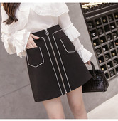 Modernus moteriškas sijonas su užtrauktuku, sagomis ir kišenėmis – du modeliai