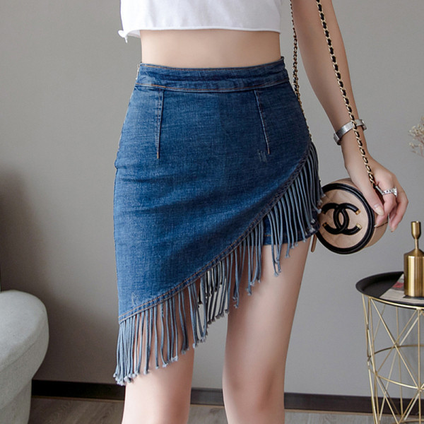 Női modern rövid farmer szoknya-nadrág magas derékkal és rojtokkal