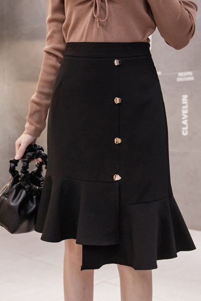 Modern női aszimmetrikus szoknya magas derékkal és gombokkal