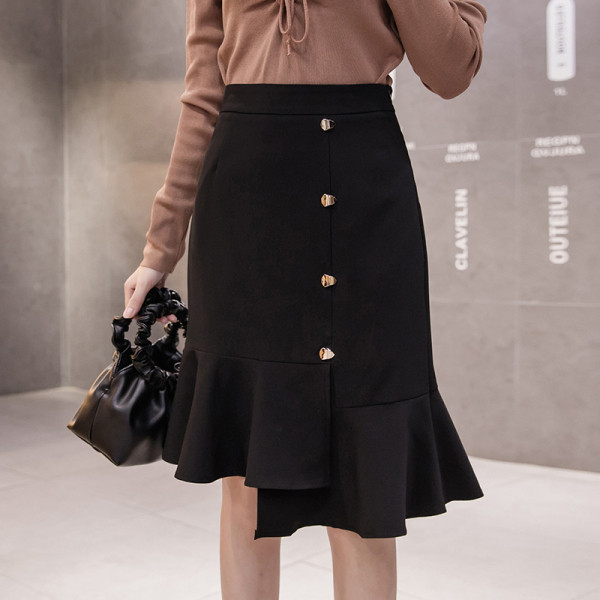 Modern női aszimmetrikus szoknya magas derékkal és gombokkal