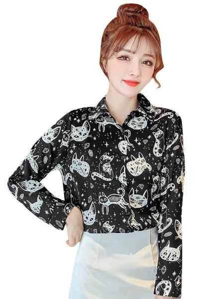 Нов модел ежедневна дамска риза с щампа и класическа яка