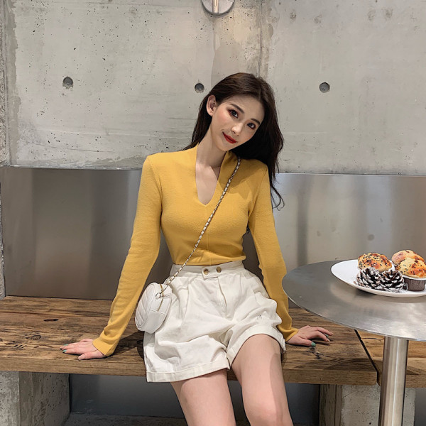 Laisva moteriška palaidinė su V formos iškirpte - prigludęs modelis