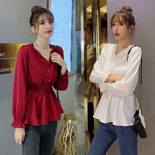 Új modell női blúz spitz nyakkivágással és gombokkal