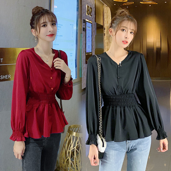 Új modell női blúz spitz nyakkivágással és gombokkal