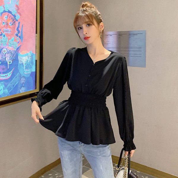 Új modell női blúz spitz nyakkivágással és gombokkal