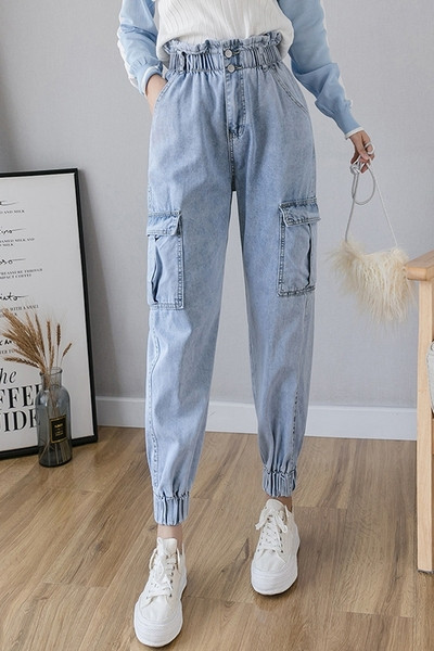 Blugi casual de dama cu talie elastica si buzunare